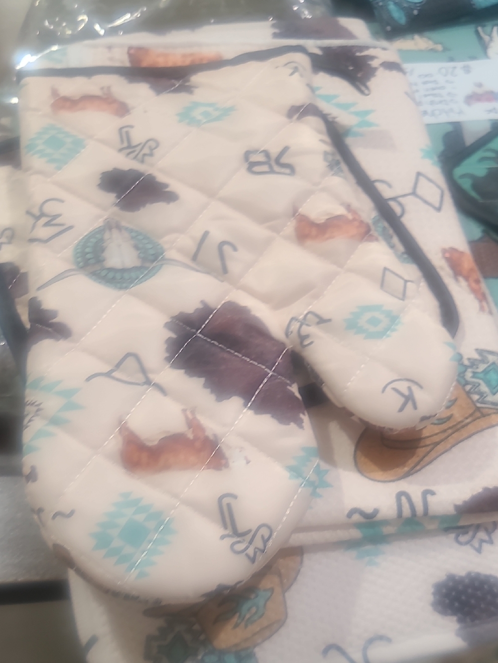Cream Southwestern Quilted Oven Mitts and Pot Holder Set